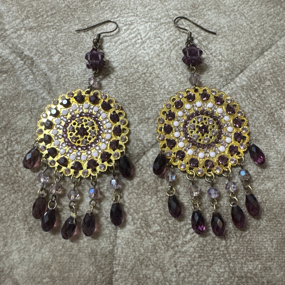 Jimmy Crystal NY Swarovski Crystal Chandelier Earrings Purple Gold Tone Y2K Glam